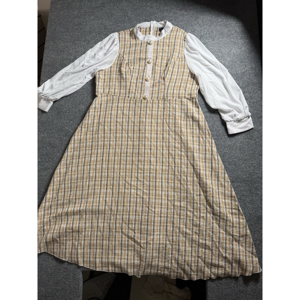 Tweed Plaid Layered Midi Dress Pearl Button White Puff Sleeve Preppy Modest 4X